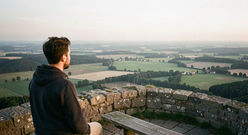 Blick vom Hochrhön-Aussichtspunkt über Heidelandschaft und Steinriegel bis zum Horizont im Morgenlicht
