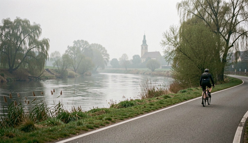 Radfahrer auf dem Fulda-Radweg: Fluss Schleife, Weidenbüsche und entfernte Kirchturmsilhouette im Dunst