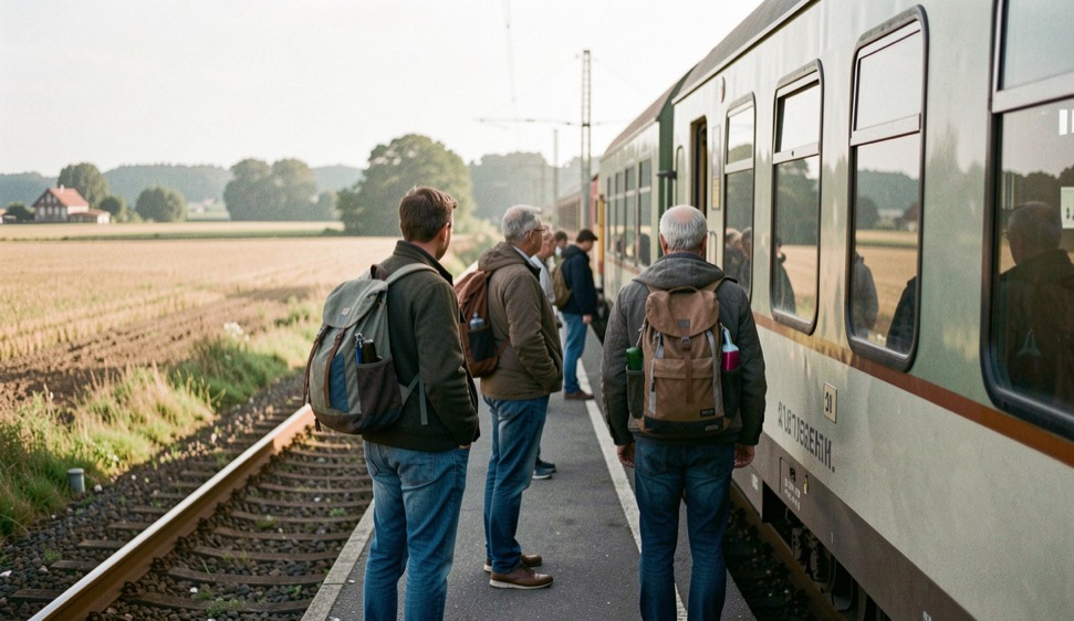 Vorfeld eines Flughafens am frühen Morgen, ein Schlepper zieht einen Gepäckwagen an einer stehenden Maschine vorbei, im Vordergrund gelbe Markierungen auf nassem Beton, seitliche Aufnahme im flachen Licht.