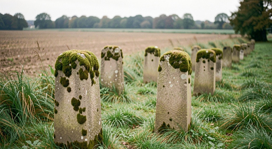 Alte Grenzstein-Serie am Feldrain: Moos bewachsene Sandsteinpfeiler zwischen Wiese und Ackerland
