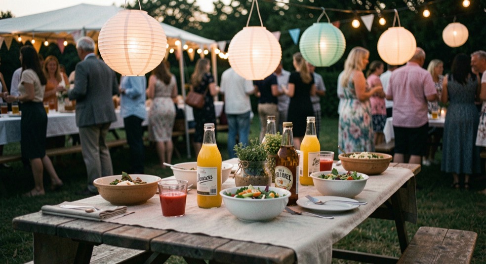 Gedeckte Gartentafel beim Sommerfest: Papierlaternen, Salatschüsseln und Limonadenflaschen in der Dämmerung