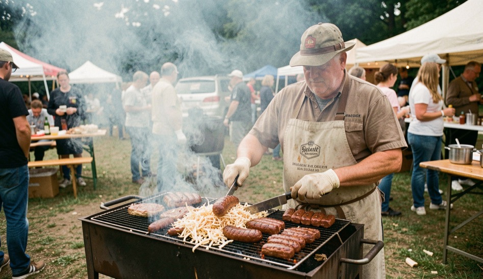 Grillmeister am Smoker: Holzspäne, Rauchschwaden und Dauerwurst auf dem Rost eines Gartenfests