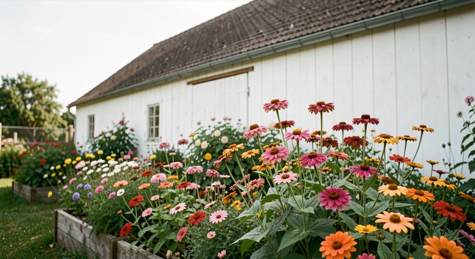 Bauerngarten mit Zinninia und Dahlien vor weißgetünchter Scheunwand unter einem hellen Himmel