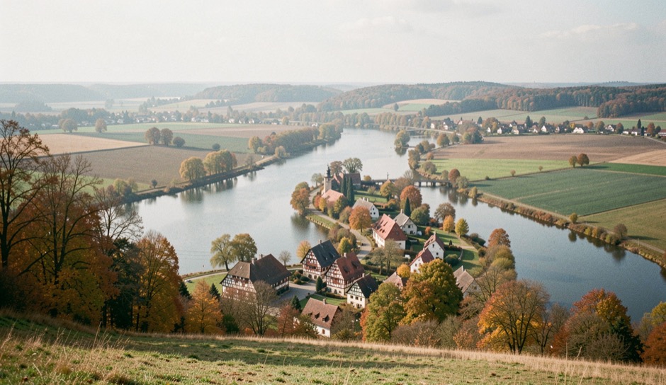 Panorama über Eichenzell von der Anhöhe: Fachwerk, Felder und Flussschleife im weichen Licht des Herbsttags