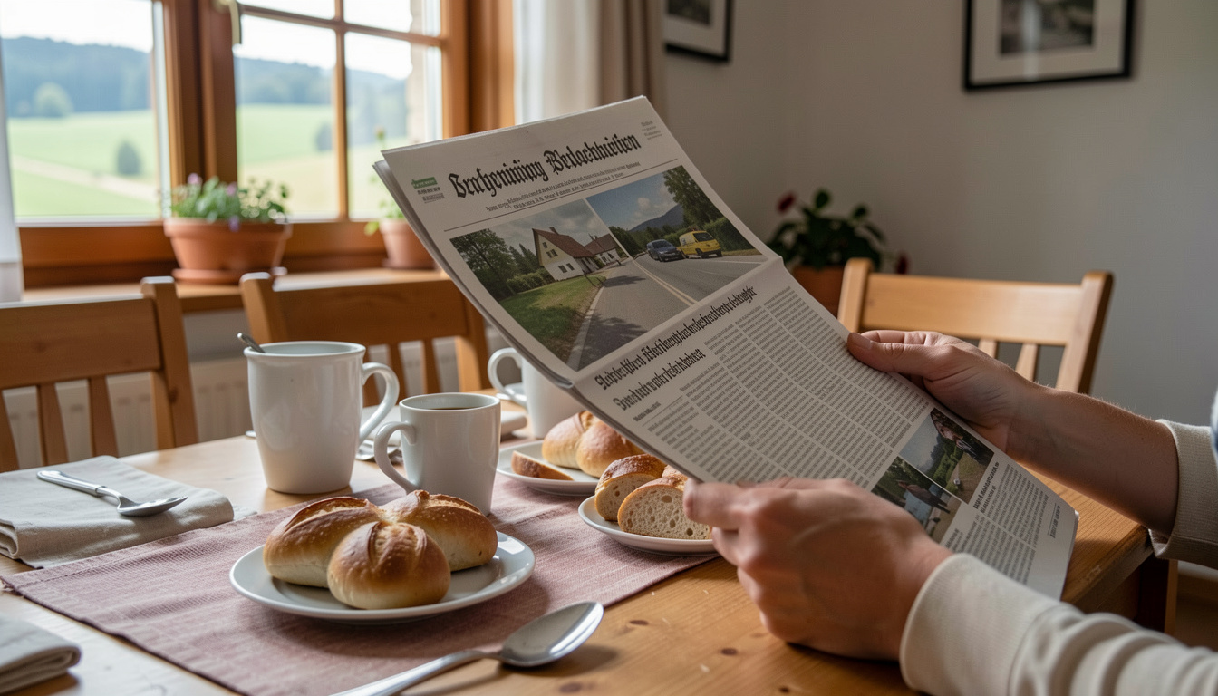 Handydisplay zeigt eine Gemeindewebsite, daneben Notizbuch und Kugelschreiber auf einem Schreibtisch