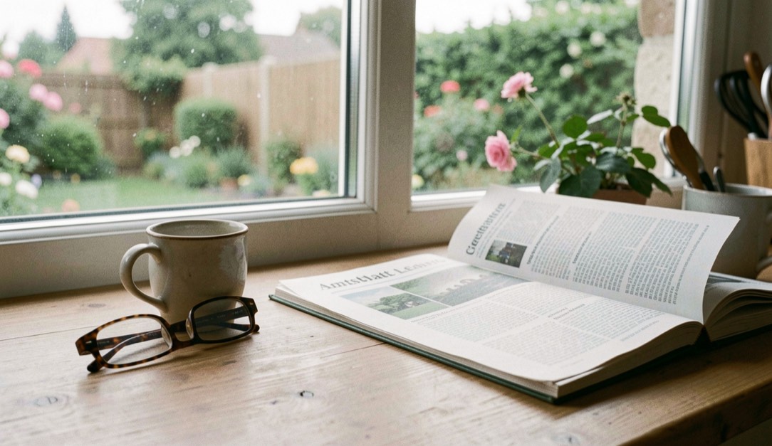Amtsblatt-Leser am Küchentisch: Brille, Tasse und aufgeschlagenes Gemeindeblatt am Fenster mit Blick in den Garten