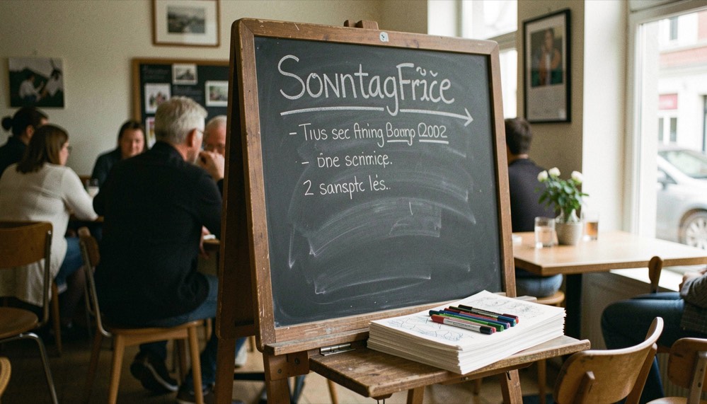 Kreidetafel im Café mit Sonntagfrage, darunter ein stapelweise abgestelltes Zeichenblock-Papier und Stifte