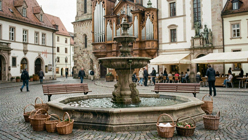 Marktbrunnen am Sonntagmorgen: Leege Körbe, leere Bank und Kirchenorgel schallt über den Platz