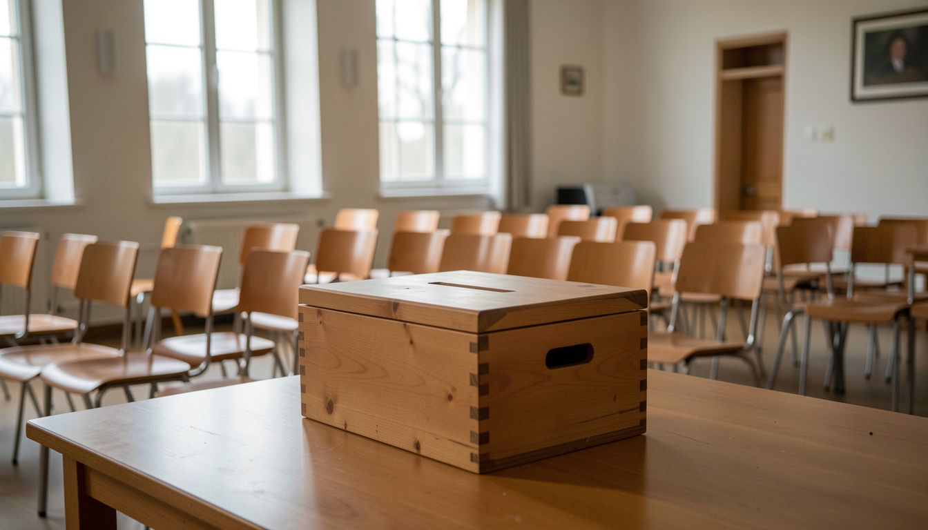 Kreidegebnis-Tafel am Abend: Prozentzahlen und Strichlisten unter Turnhallenlicht nach der Stichwahl