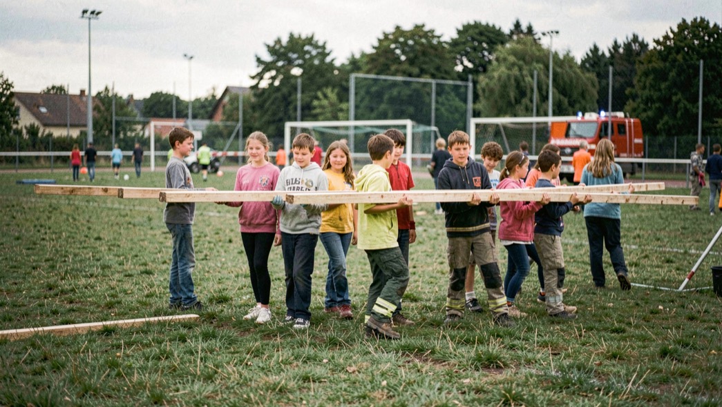 Jugendfeuerwehr beim Zeltaufbau: Jugendliche tragen Holzlatten über eine Wiese hinter dem Sportplatz
