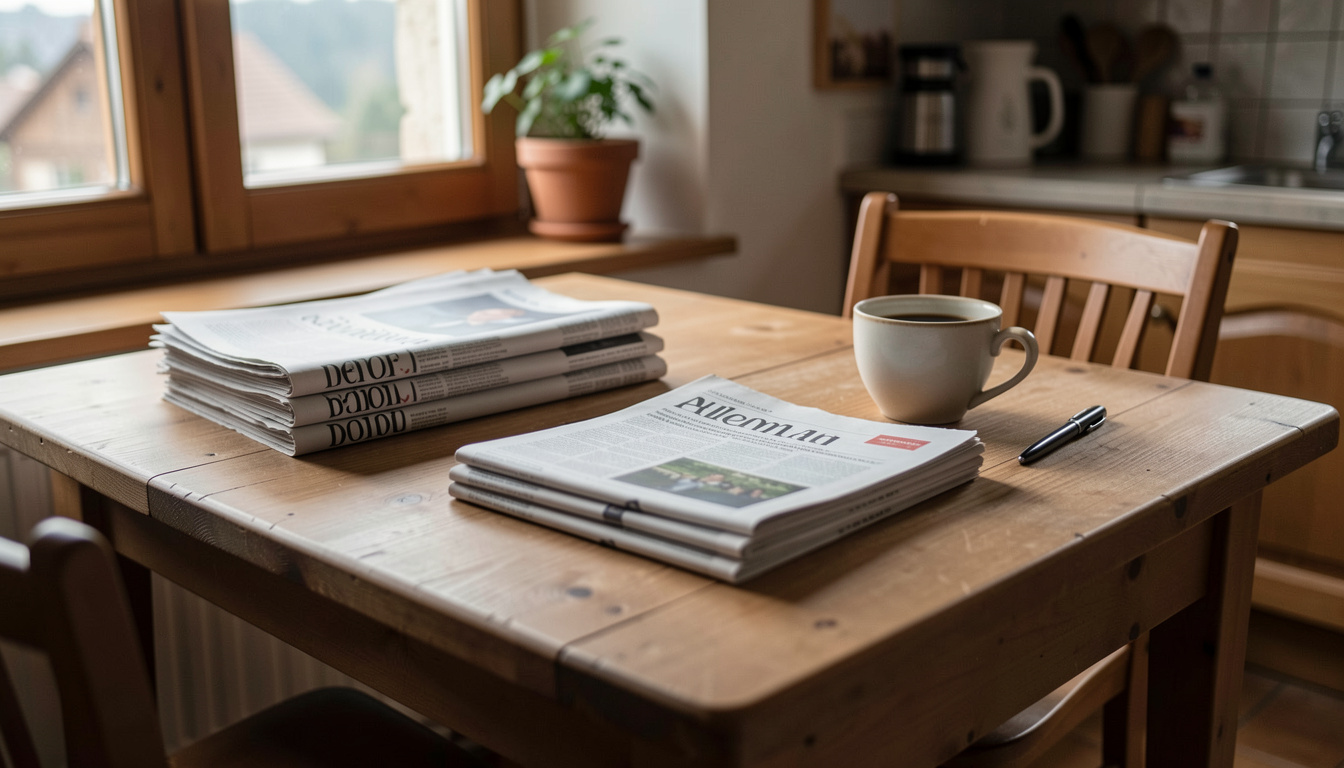 Laptop auf Küchentisch mit Zeitungsstapel: Hand schreibt Notizen zur Wahlversammlung im Wahlwinter