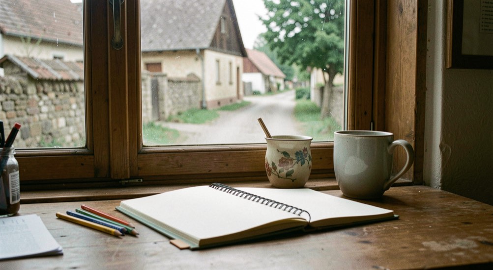 Schreibtisch einer Dorfkorrespondenz: Notizbuch, Bleistifte und Kaffeetasse am Fenster mit Blick auf die Dorfstraße