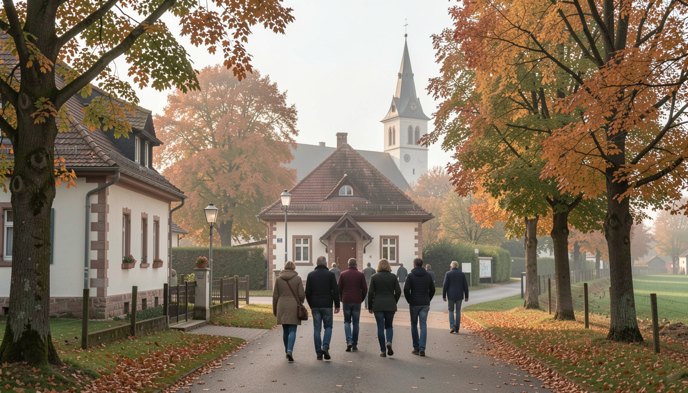Wahlplakate am Laternenpfahl im Novemberdorf: nasse Straße, Blätterrest und warmes Laternenlicht
