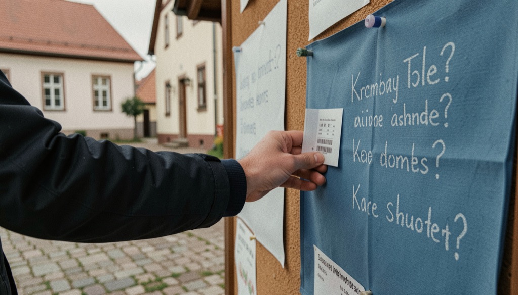 Blaues Wahlkabinden-Tuch am Dorfplatz: Hand klemmt einen Stimmzettel an eine Pinnwand mit Kreidefrage