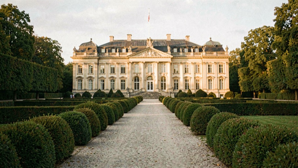 Barockschloss im Park: Kiesweg, Buchsbaumrabatten und Fassade im goldenen Licht des Spätnachmittags