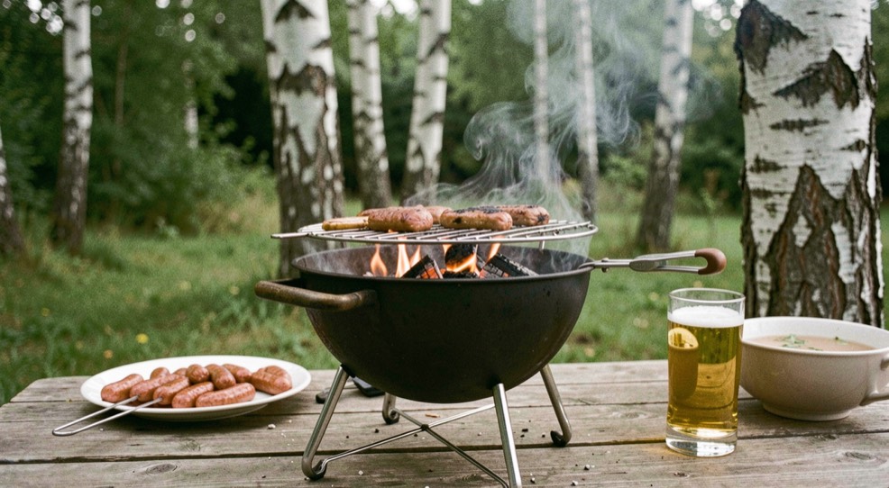 Kugelgrill mit Glut im Garten: Grillzange, Würstchen und Bierglas auf einem Holztisch unter Birken