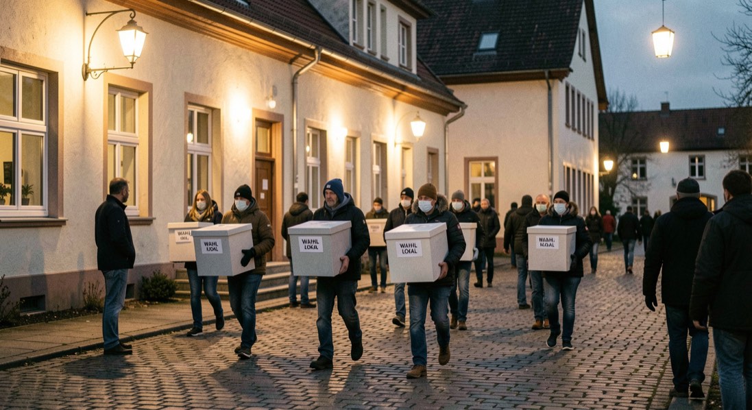 Wahllokal am Abend: Helfer tragen Stimmboxen über den Hof einer Dorfschule unter Laternenlicht