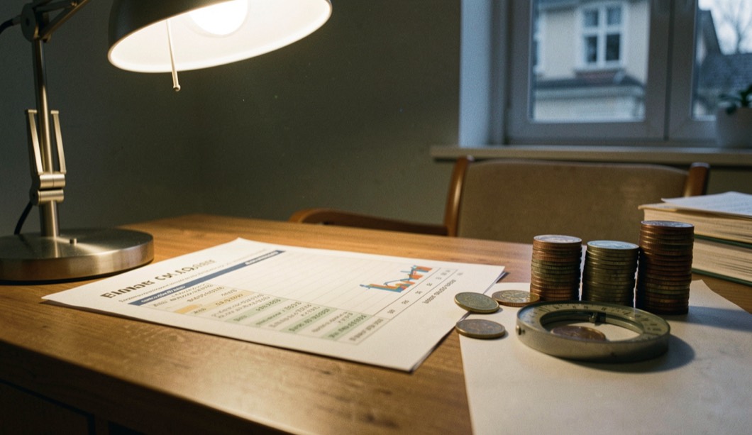 Schreibtisch mit Finanzseite, Zirkel und Münzstapel im Licht einer Schreibtischlampe am Abend