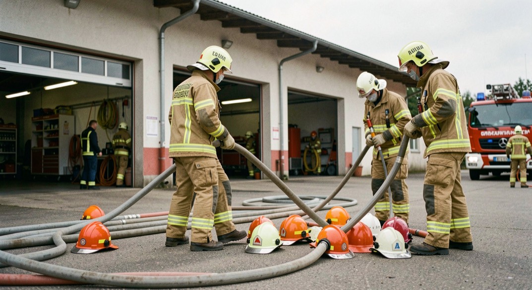 Feuerwehrleute räumen nach dem Übungsdienst Schläuche und Helme auf einem Hof vor dem Gerätehaus