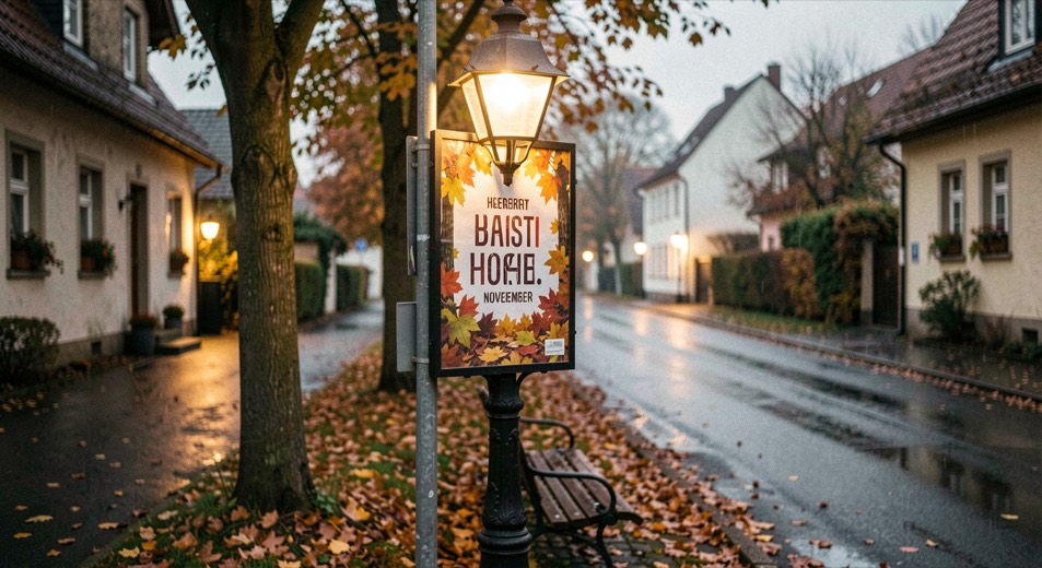 Herbstliches Wahlplakat an einer Laterne im Dorf: Nasse Straße, Blätter und Laternenlicht im November