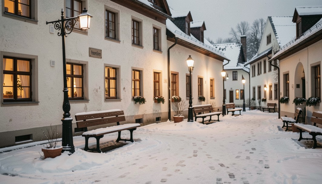 Winterlicher Dorfplatz mit Schneeresten: Bänke, Laternen und Fenster mit warmem Licht nach der Wahl