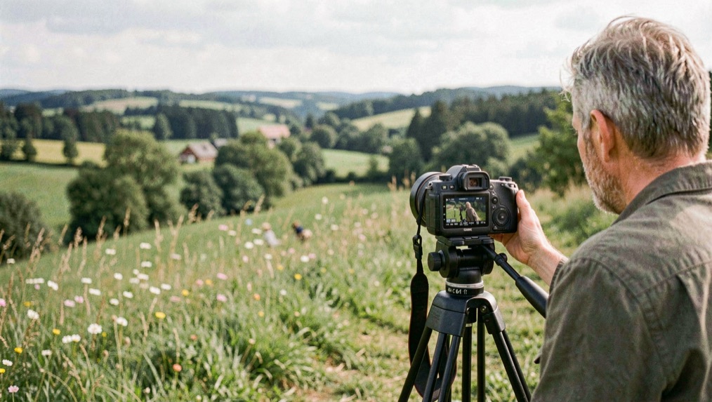 Kamera auf Stativ am Dorfrand: Journalist filmt Landschaftsausschnitt für einen Bericht im Sommergrün