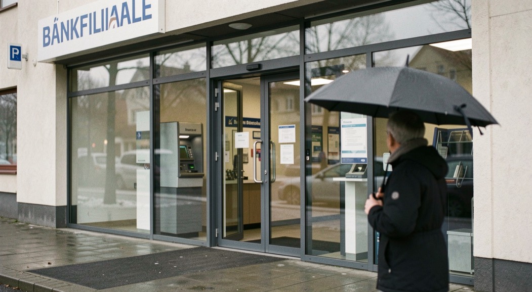 Bankfiliale von außen mit Geldautomat: Passant mit Regenschirm vor Glasfassade im grauen Winterlicht