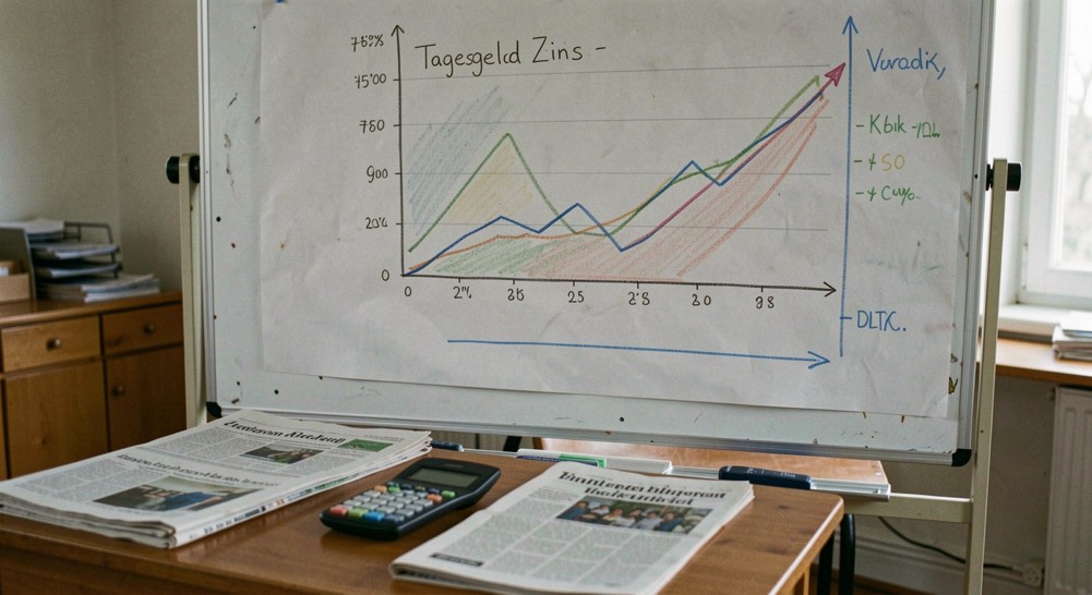 Tagesgeldzins-Kurve als Kreidediagramm auf Tafel, davor ein Tisch mit Zeitungsseiten und Taschenrechner