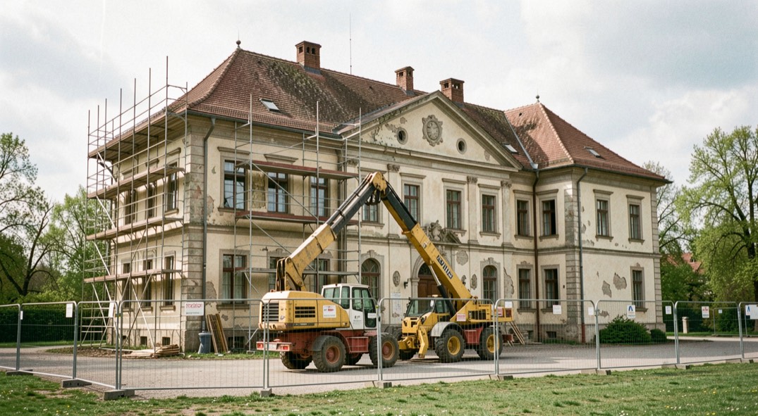 Altes Herrenhaus mit Baugerüst: Kipplader und Bauzaun vor der historischen Fassade im Frühjahrslicht