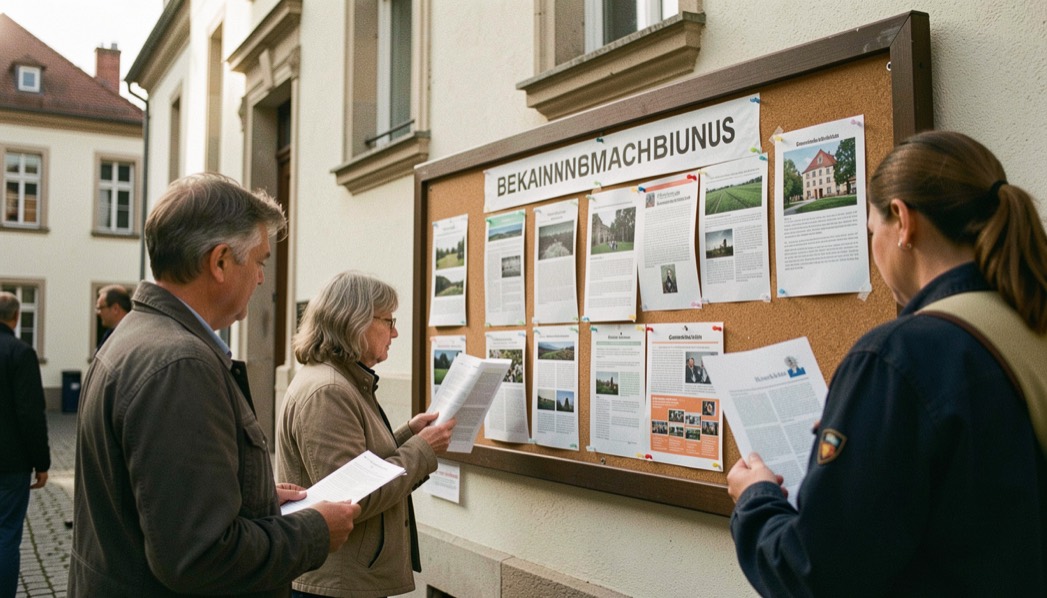 Bekanntmachungsbrett vor dem Rathaus: Einwohner lesen Aushänge und Gemeindeblätter im Vormittagslicht