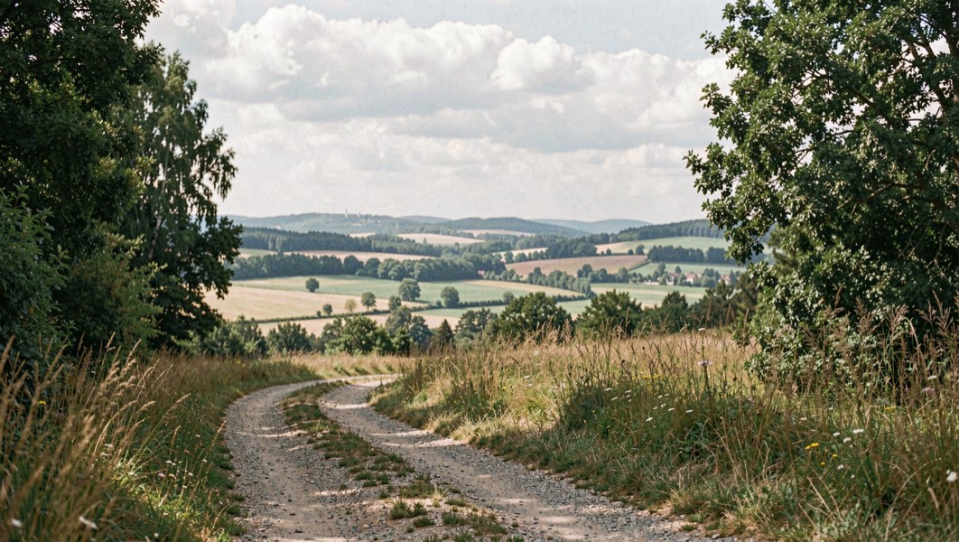 Feldweg am Waldrand mit Fernblick über Wiesen und Hügel der Rhön unter einer sommerlichen Wolkenlinie