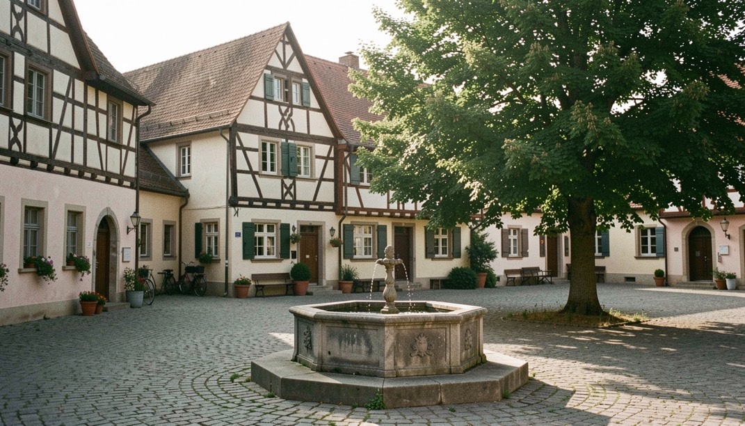Historischer Dorfplatz mit altem Brunnen, Fachwerkgiebeln und einer dornenreichen Linde im Nachmittagslicht