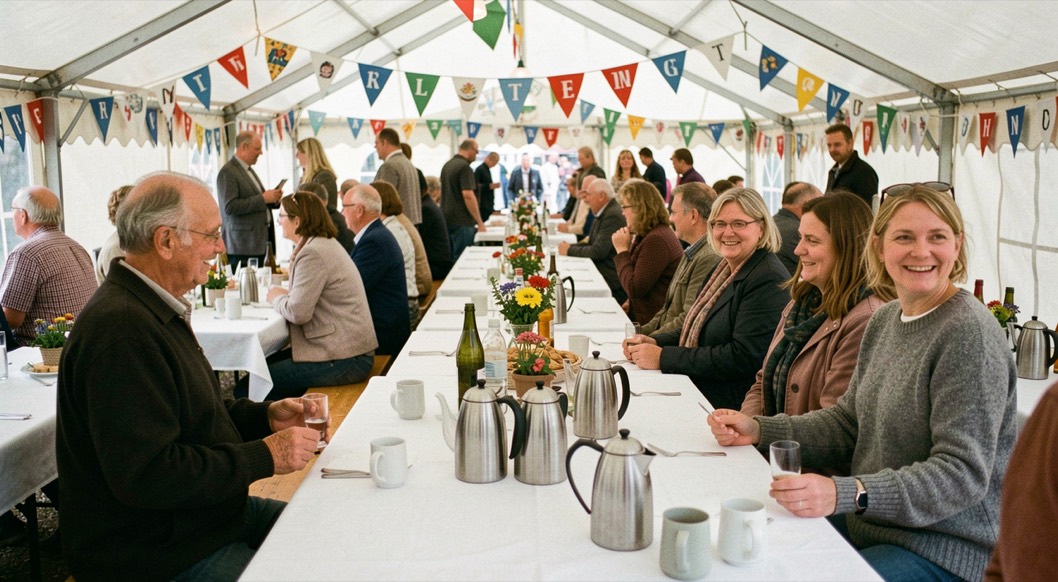 Vereinsfest im Festzelt: Wimpel, weiß gedeckte Tische und Kaffeekannen bei einem Dorffest in Osthessen