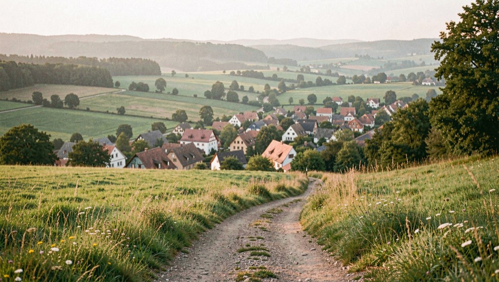 Blick vom Feldweg über die Dächer von Eichenzell hinab in das grüne Fuldatal bei warmem Abendlicht